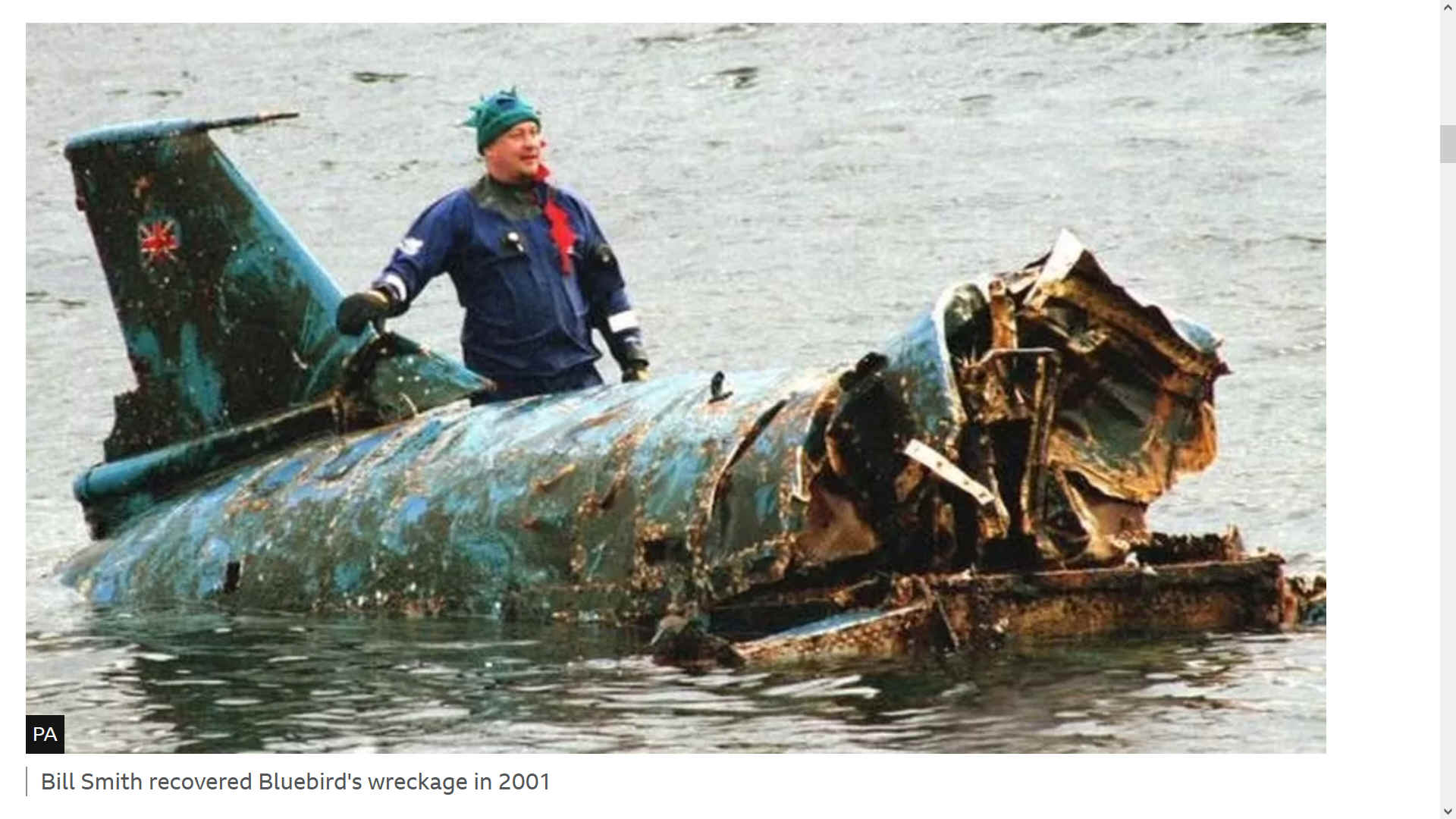 Diver, Bill Smith raises Bluebird K7 from lake Coniston in 2001